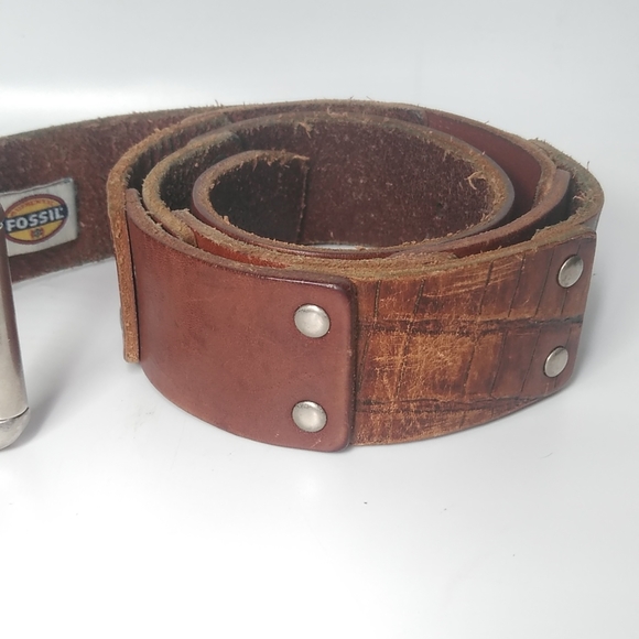 Womens Vintage Fossil Brown Leather Belt Sze.34 Patched Style Silver Buckle - Picture 3 of 7